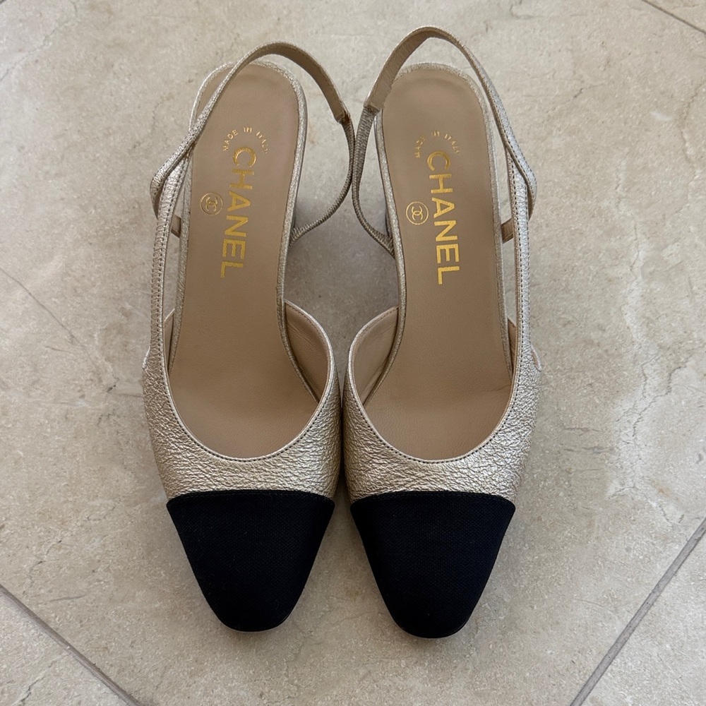 Chanel Slingback (Gold and Black Women's Shoes)